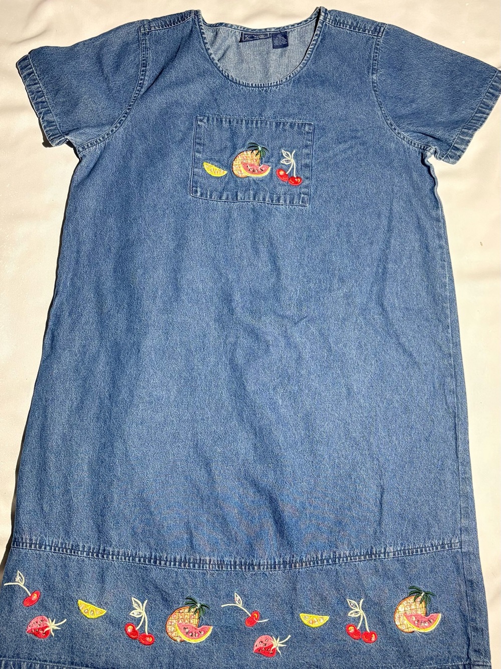 Jane Ashley Blue Denim Dress Top with Fruit Embroidery